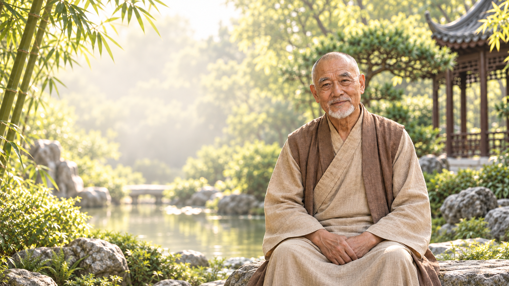 Master Liang sitting peacefully in a sunlit garden